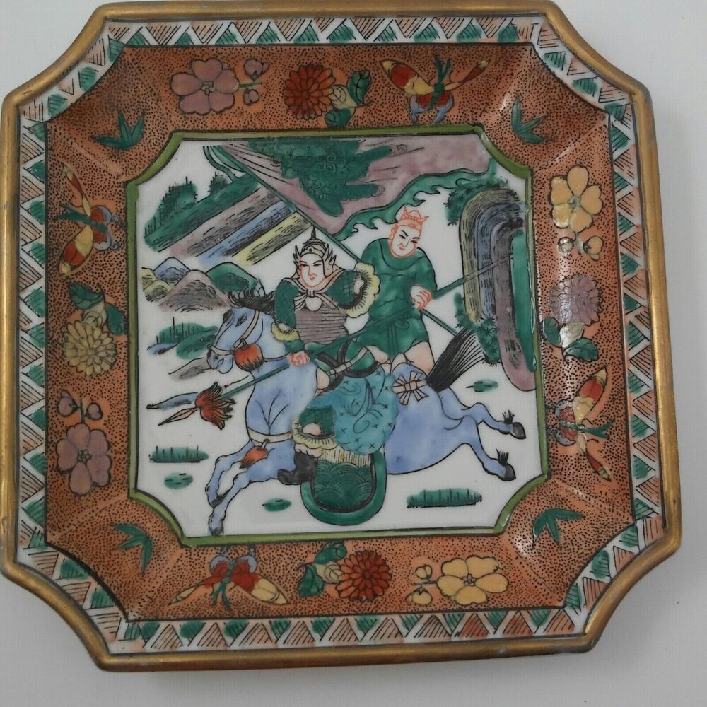 Macau Warrior Horse Raised Glaze Painted Porcelain Decor Square Plate multicolor